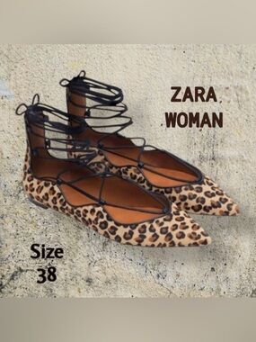Zara Leopard Print Lace-Up Flats Pointes Toe Size EU 38 US 7.5